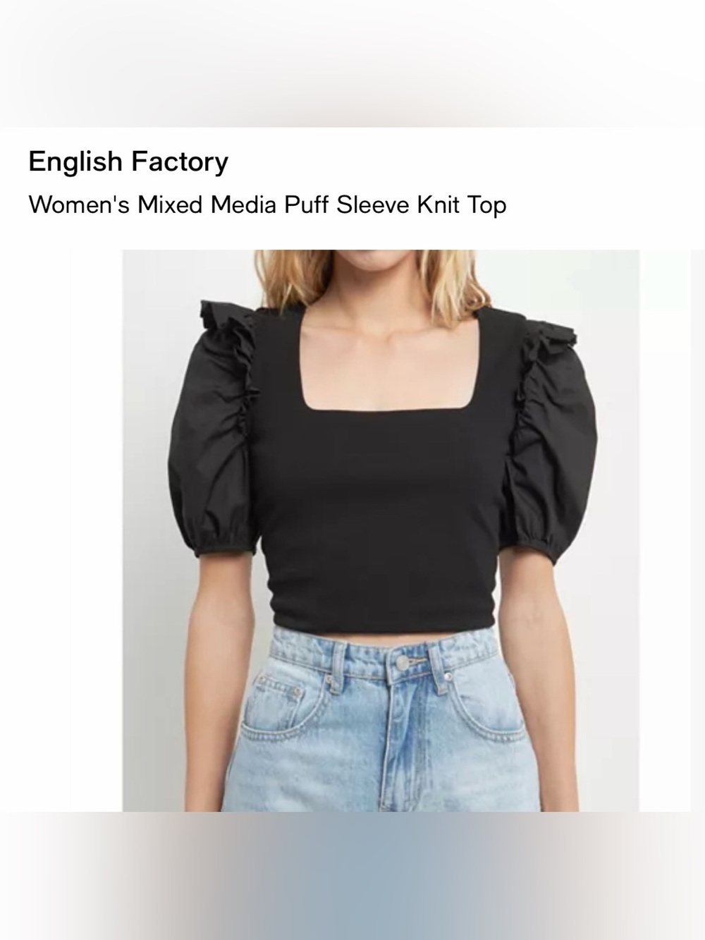 English Factory Mixed Media Puff Sleeve Knit Top - Black